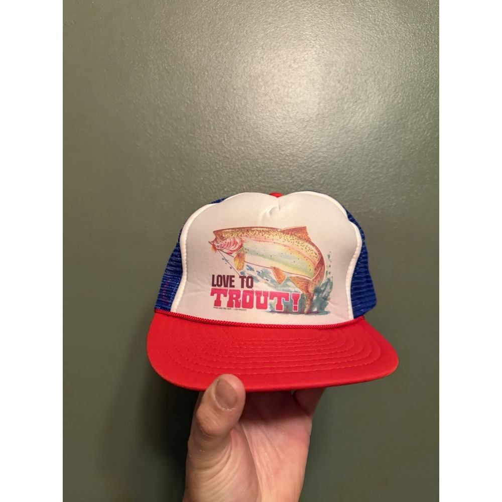 Vintage Fishing Trucker Hat Love To Trout Red White Blue Mesh SnapBack Cap 1985